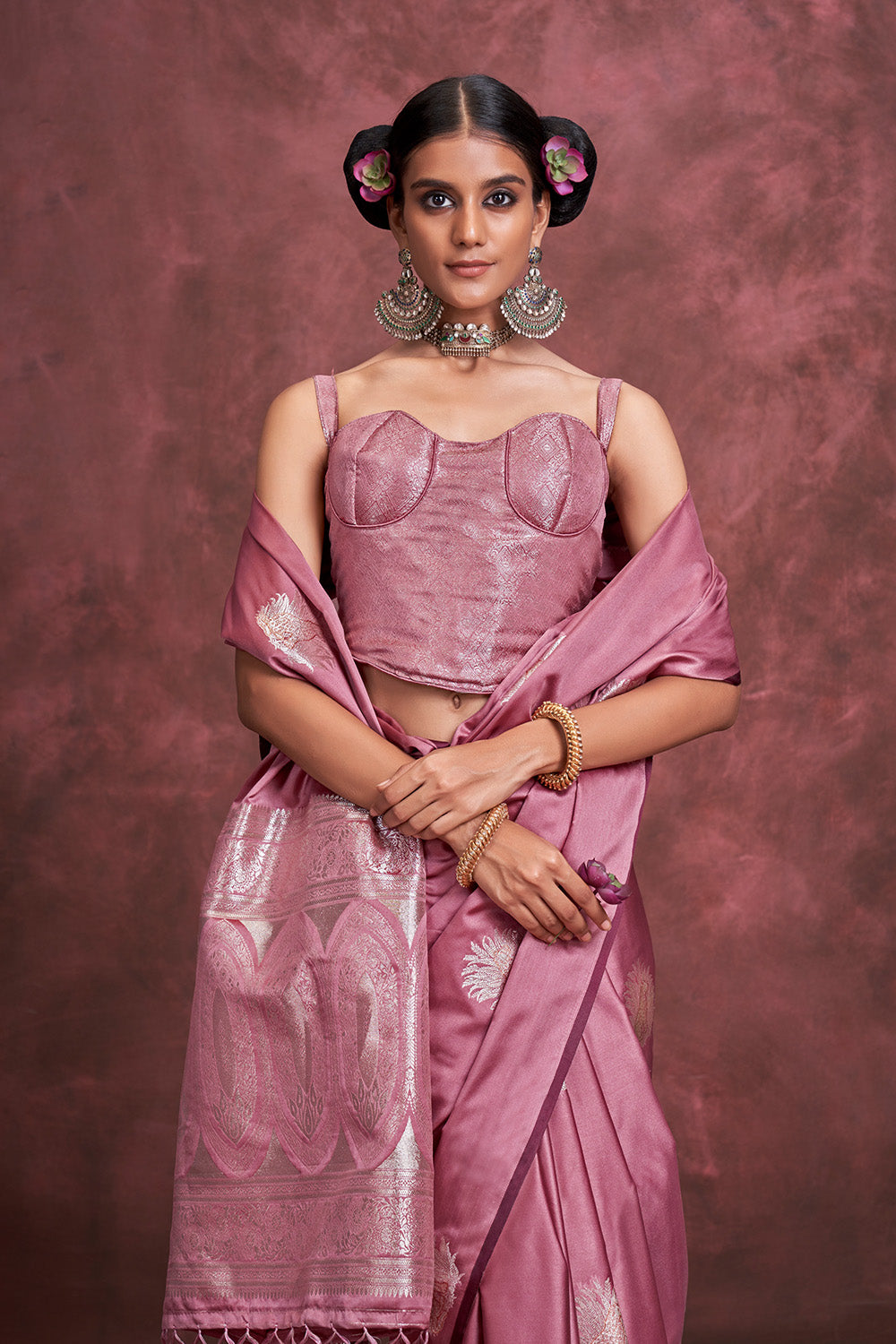 Pink Tone Banarasi Saree Zari Pallu And Blouse