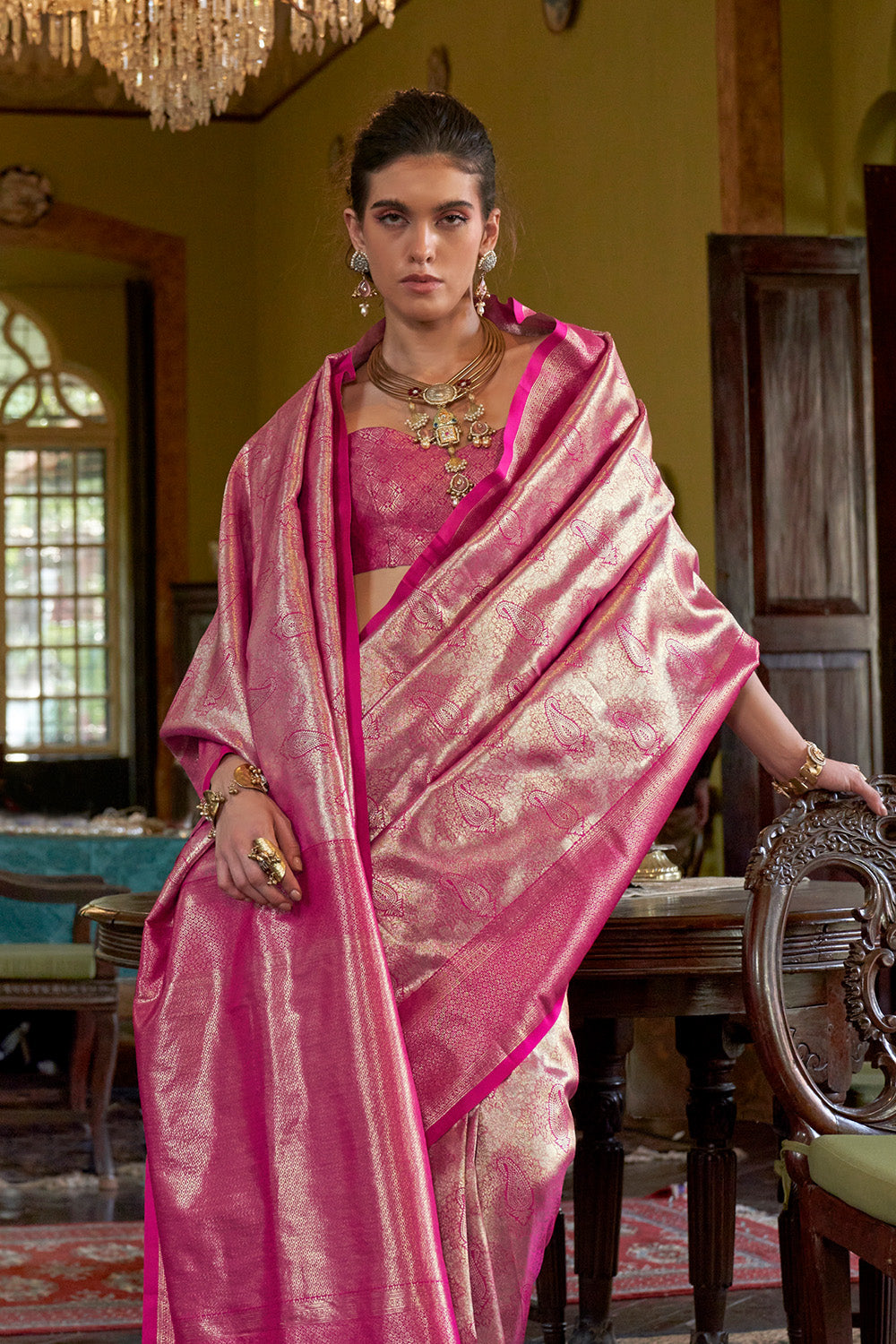 Pink Dharmavaram Weaving Saree With Blouse