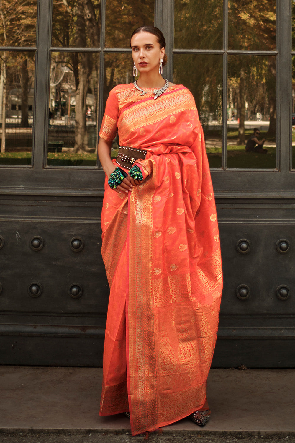 Orange Soft Saree Contrast Pallu With Blouse