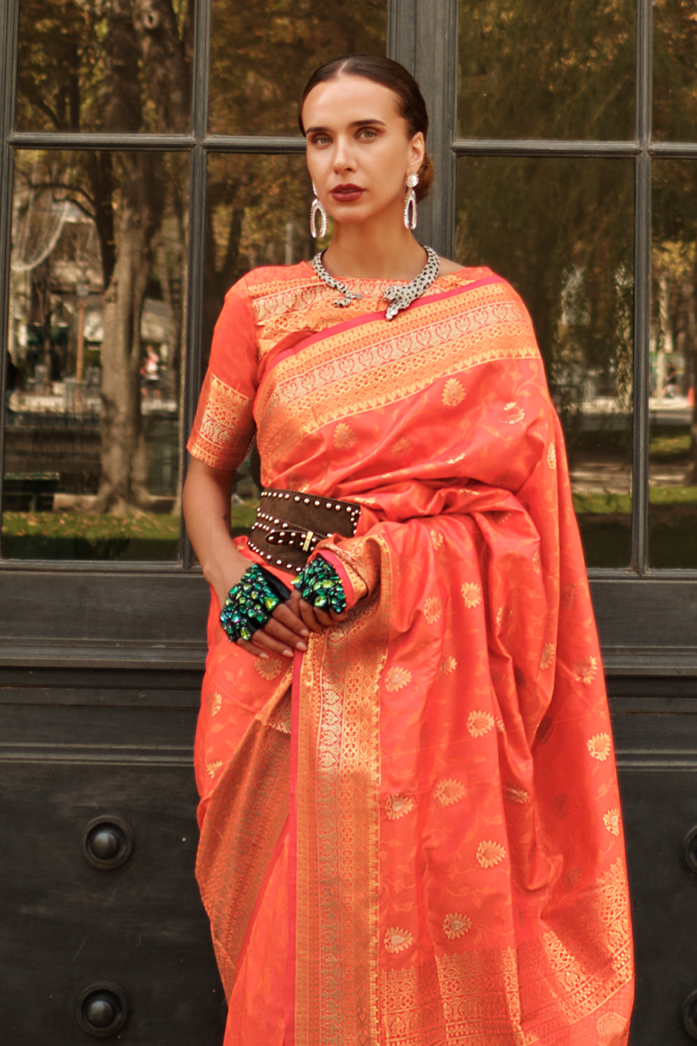 Orange Soft Saree Contrast Pallu With Blouse