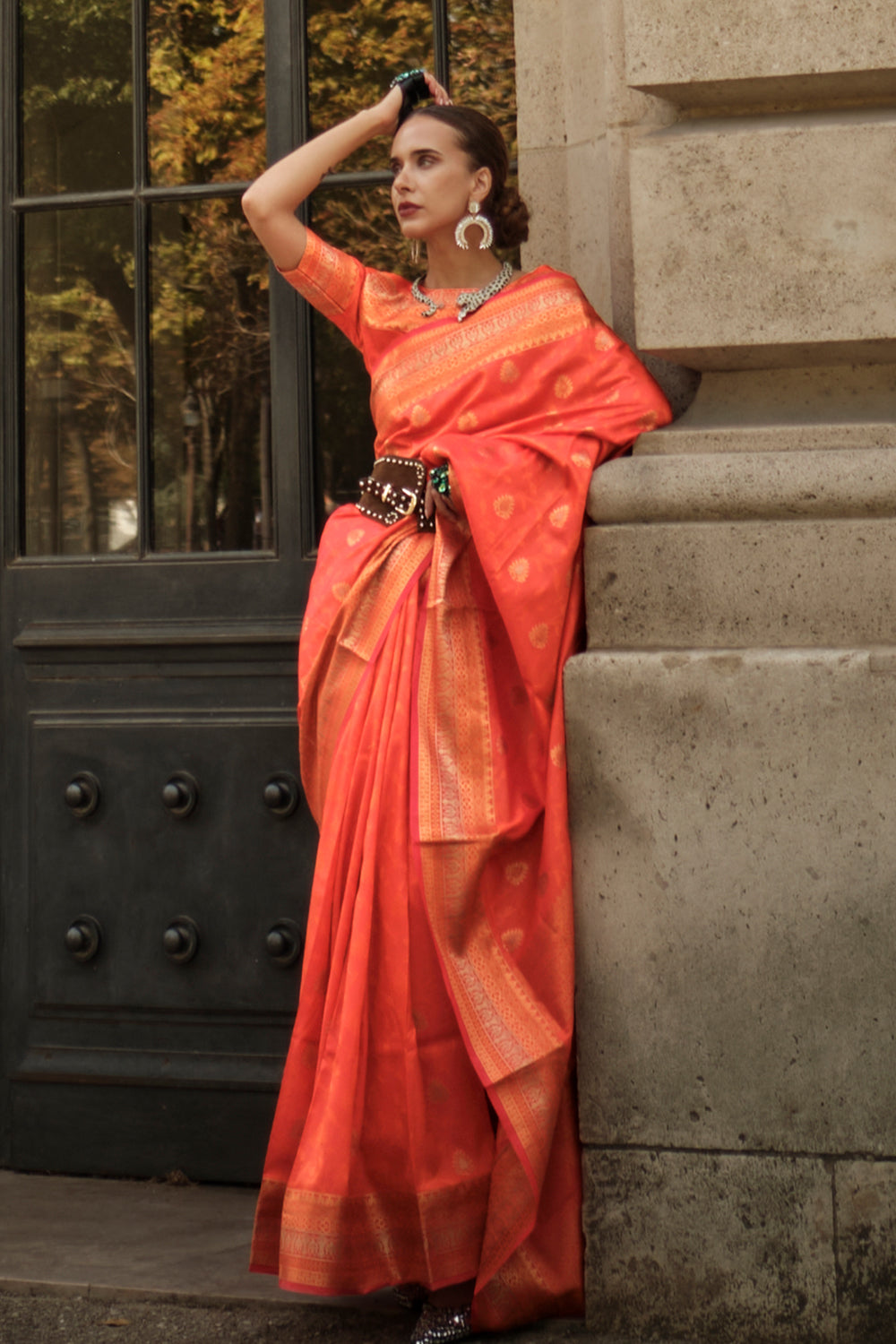 Orange Soft Saree Contrast Pallu With Blouse