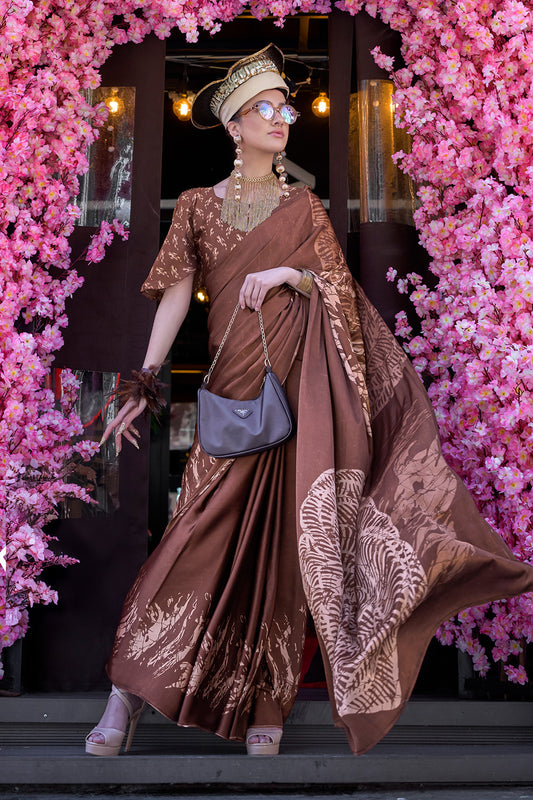 Brown Print Satin Crepe Sarees With Blouse