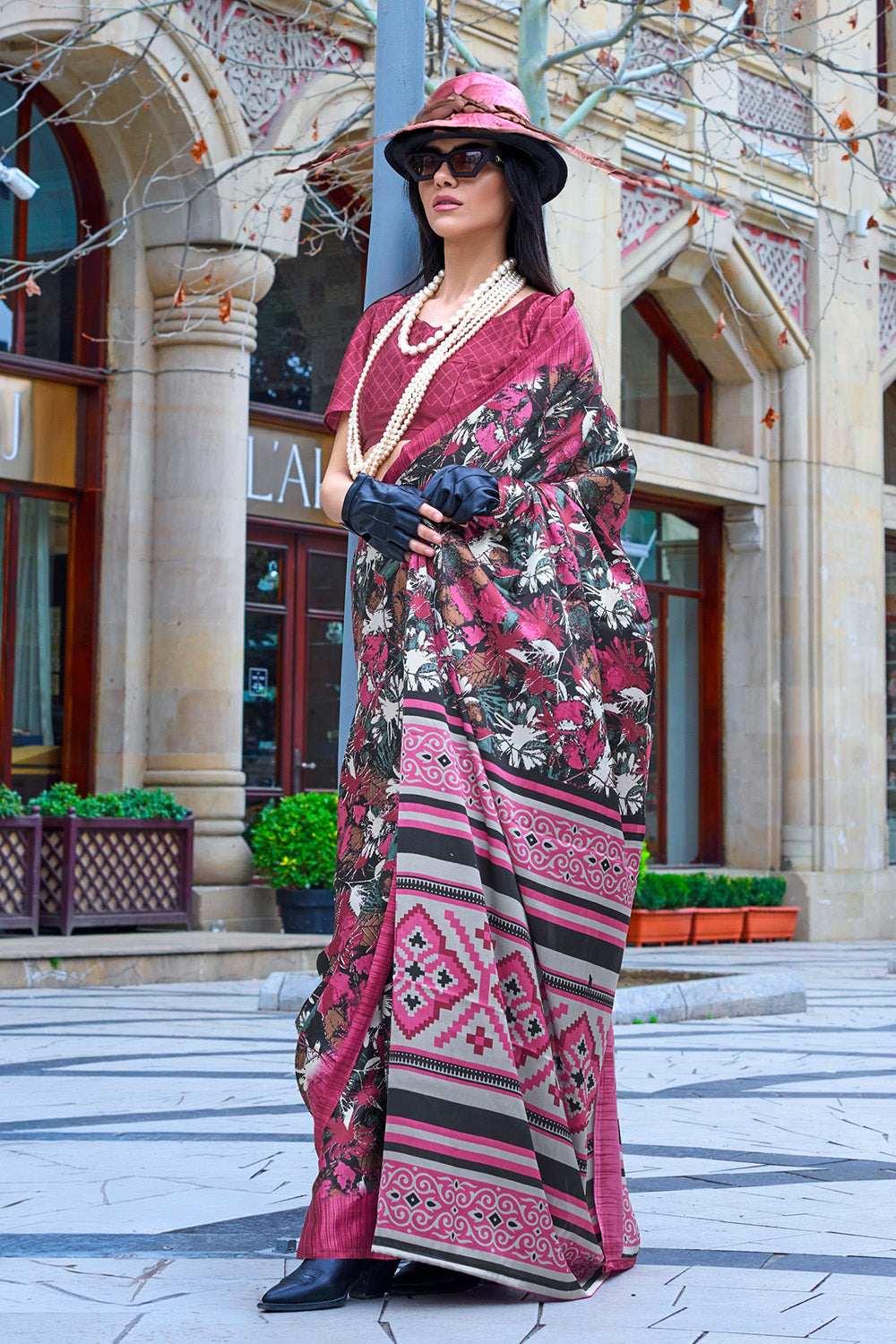 Multicolor Print Satin Crepe Sarees With Pink Blouse