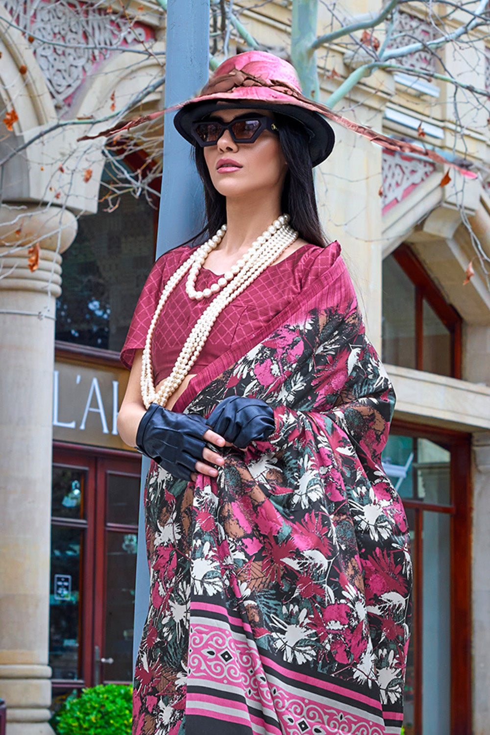 Multicolor Print Satin Crepe Sarees With Pink Blouse