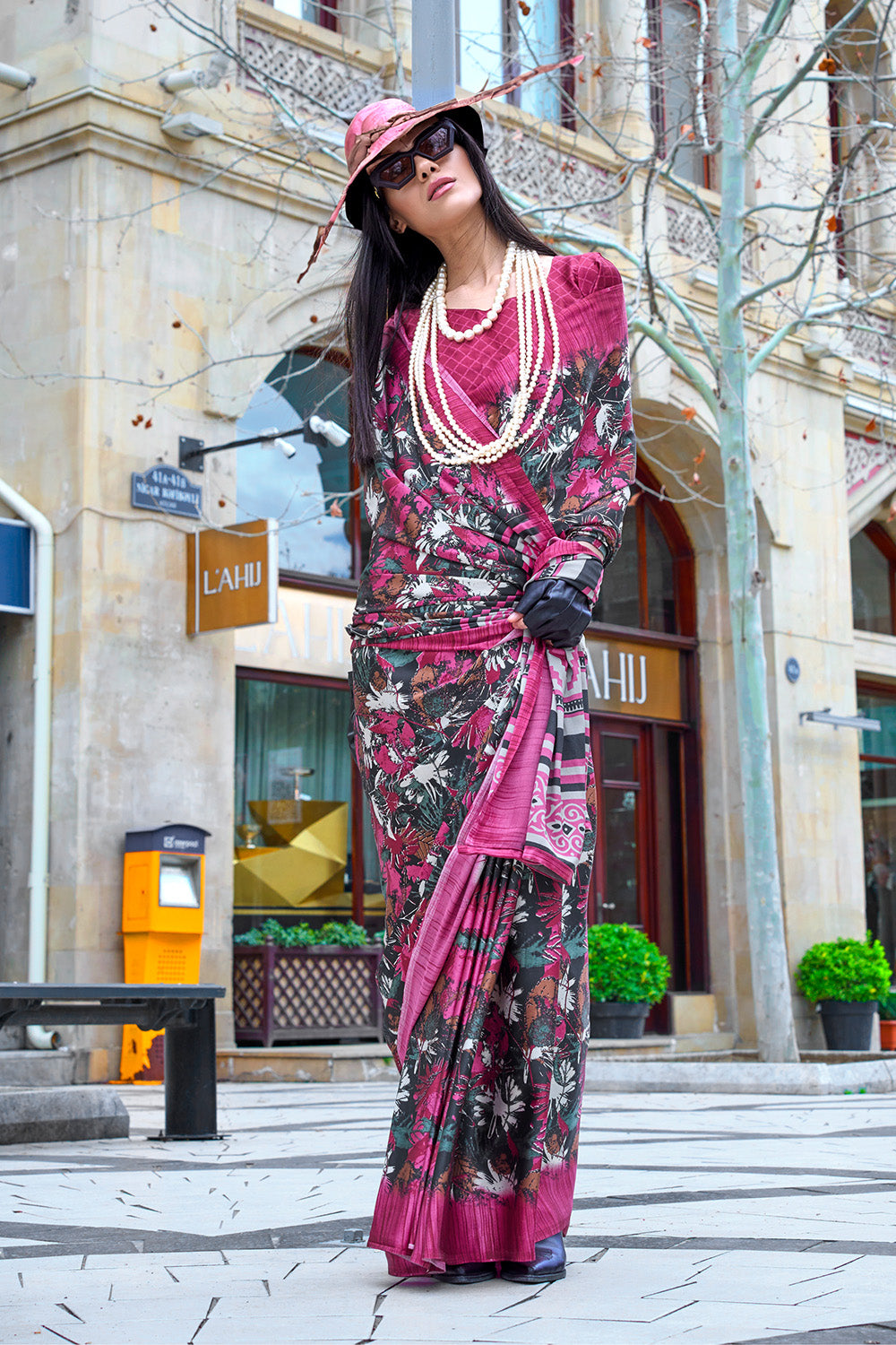 Multicolor Print Satin Crepe Sarees With Pink Blouse