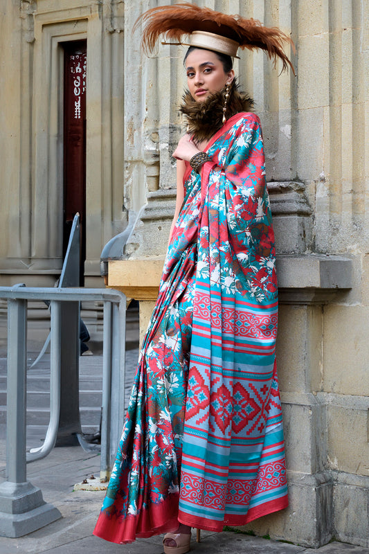 Multicolor Print Satin Crepe Sarees With Blue Blouse