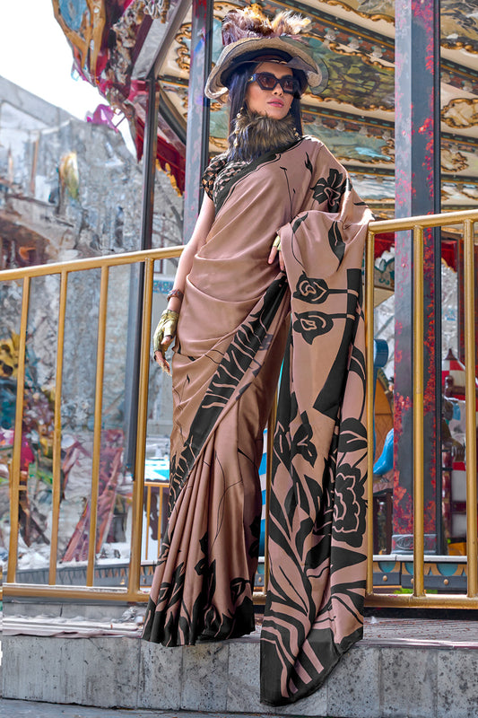 Brown Print Satin Crepe Sarees With Blouse