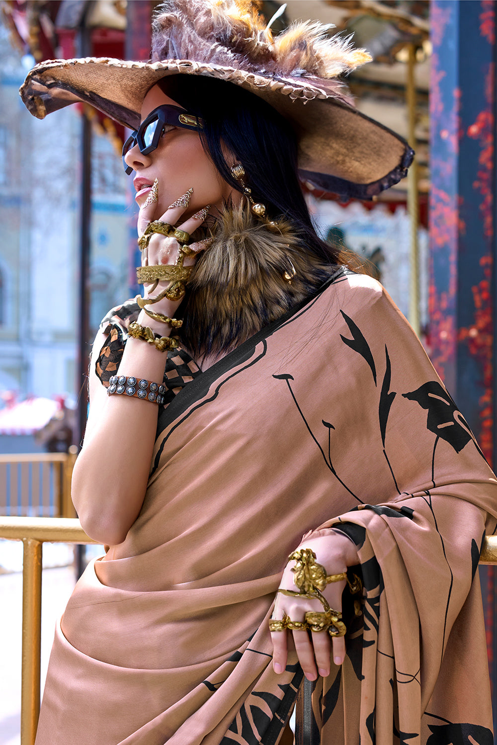 Brown Print Satin Crepe Sarees With Blouse