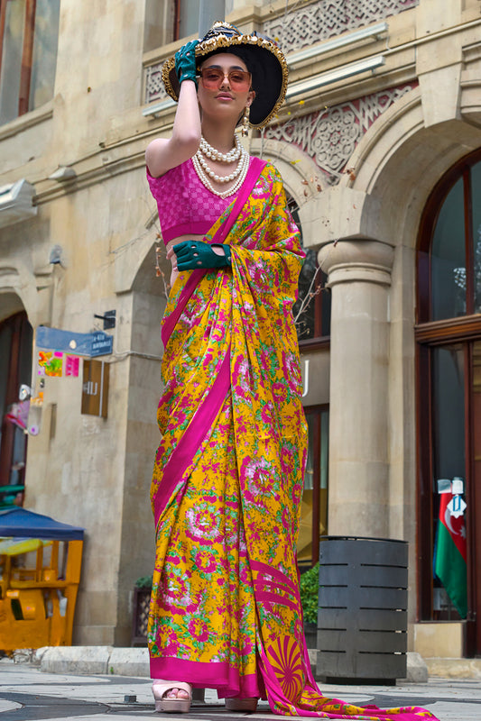 Multicolor Print Satin Crepe Sarees With Yellow Blouse