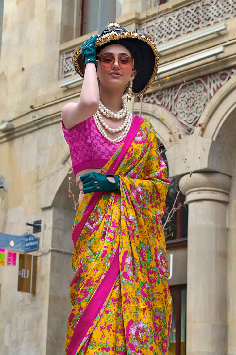 Multicolor Print Satin Crepe Sarees With Yellow Blouse