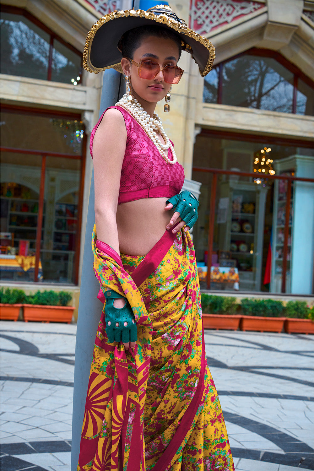 Multicolor Print Satin Crepe Sarees With Yellow Blouse