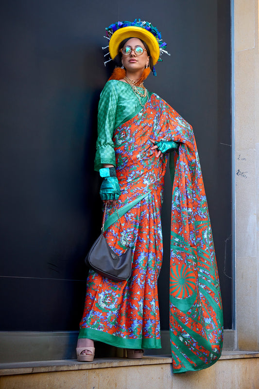 Multicolor Print Satin Crepe Sarees With Green Blouse