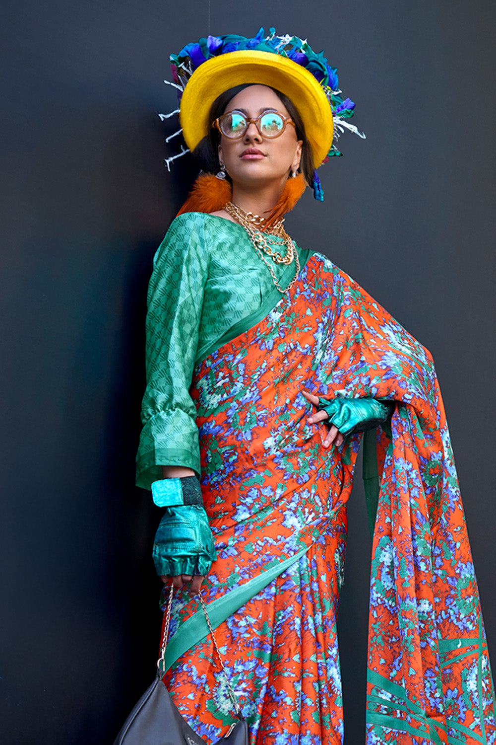 Multicolor Print Satin Crepe Sarees With Green Blouse