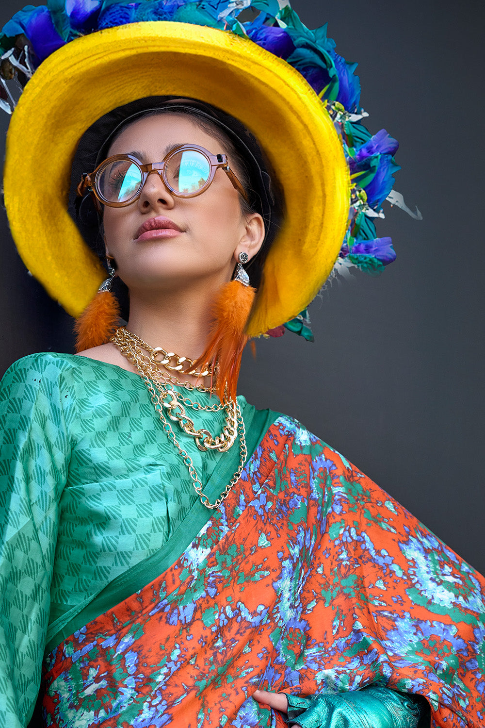 Multicolor Print Satin Crepe Sarees With Green Blouse