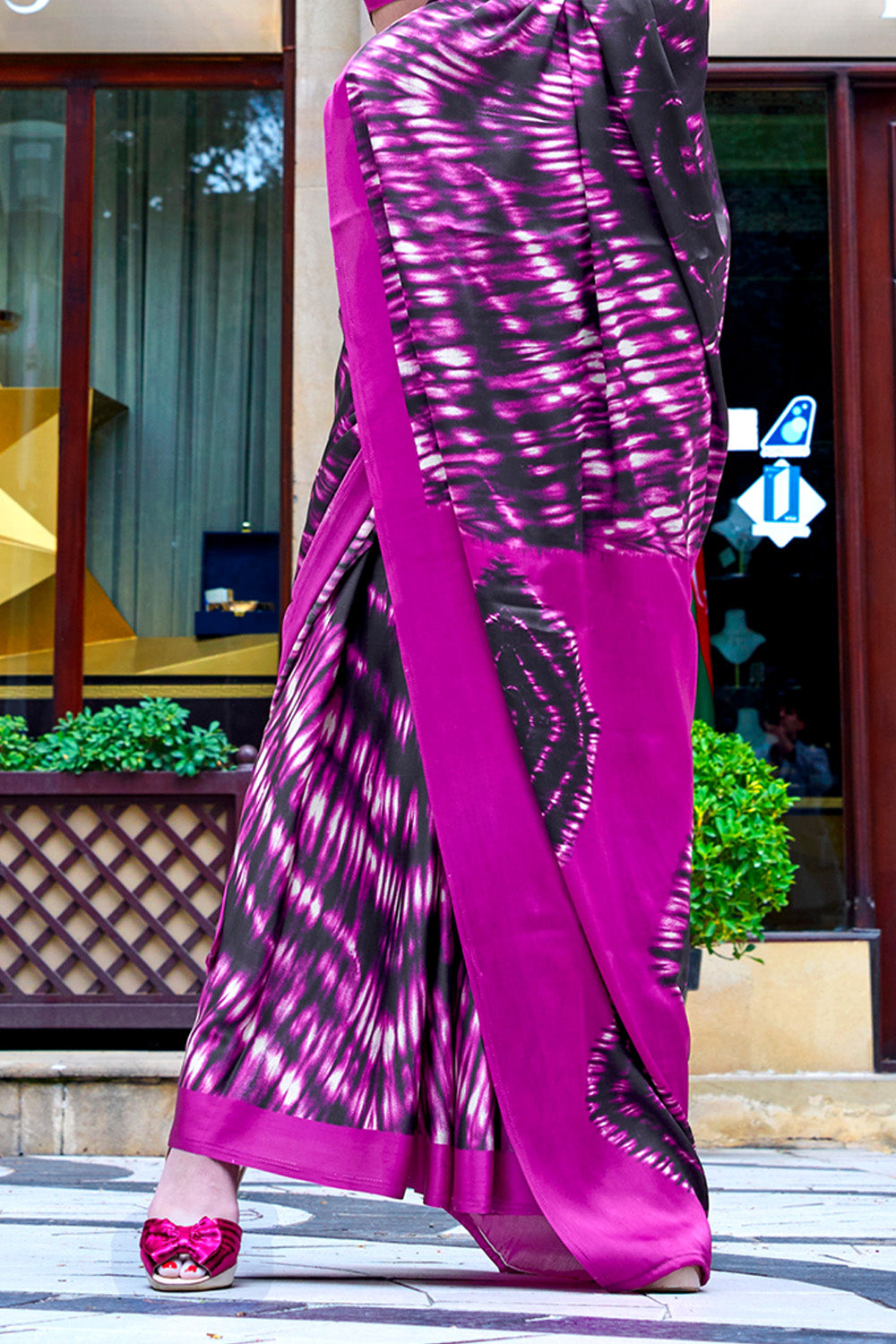 Multicolor Print Satin Crepe Sarees With Purple Blouse