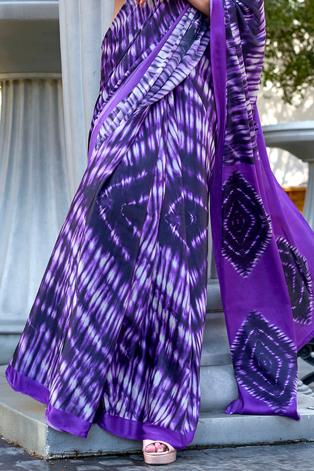 Multicolor Print Satin Crepe Sarees With Purple Blouse