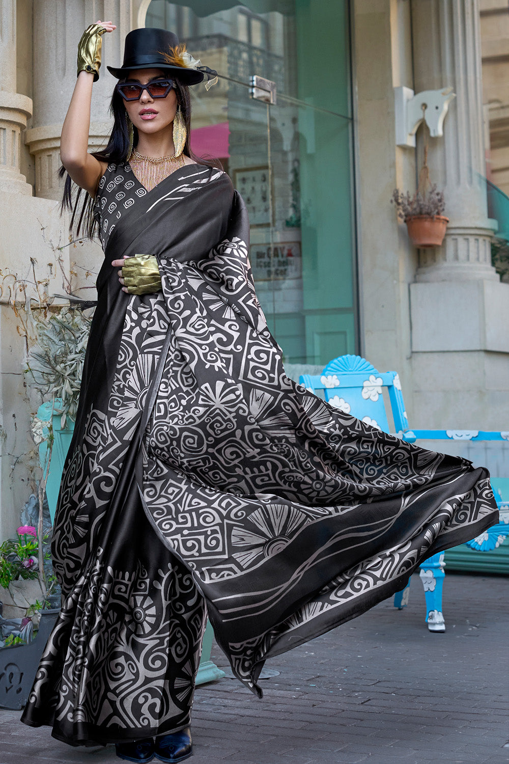 Black Print Satin Crepe Sarees With Blouse