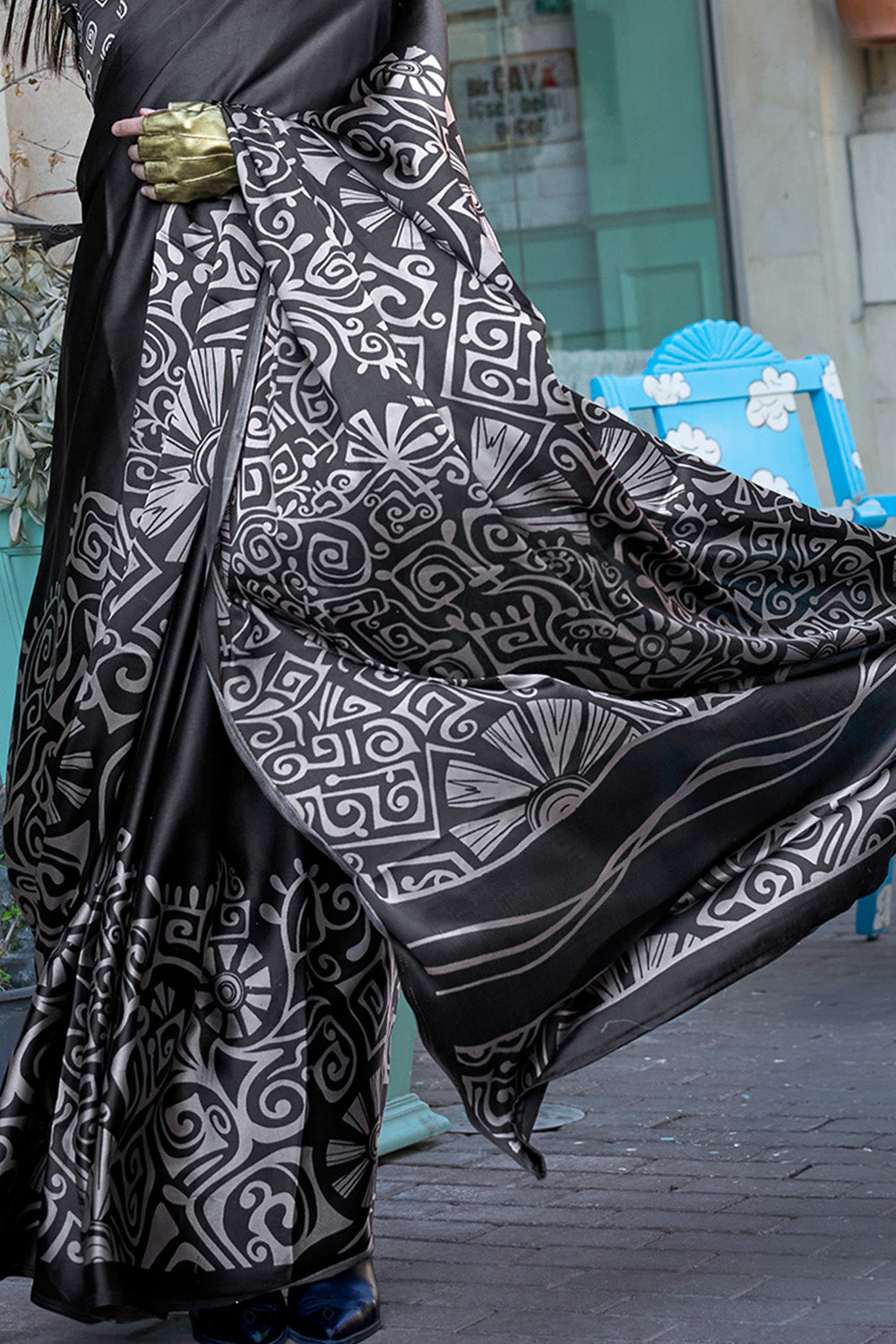 Black Print Satin Crepe Sarees With Blouse
