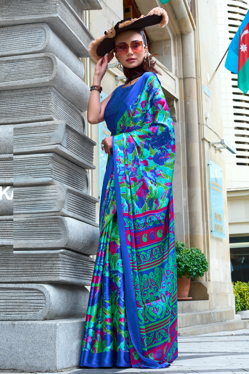 Multicolor Print Satin Crepe Sarees With Blue Blouse