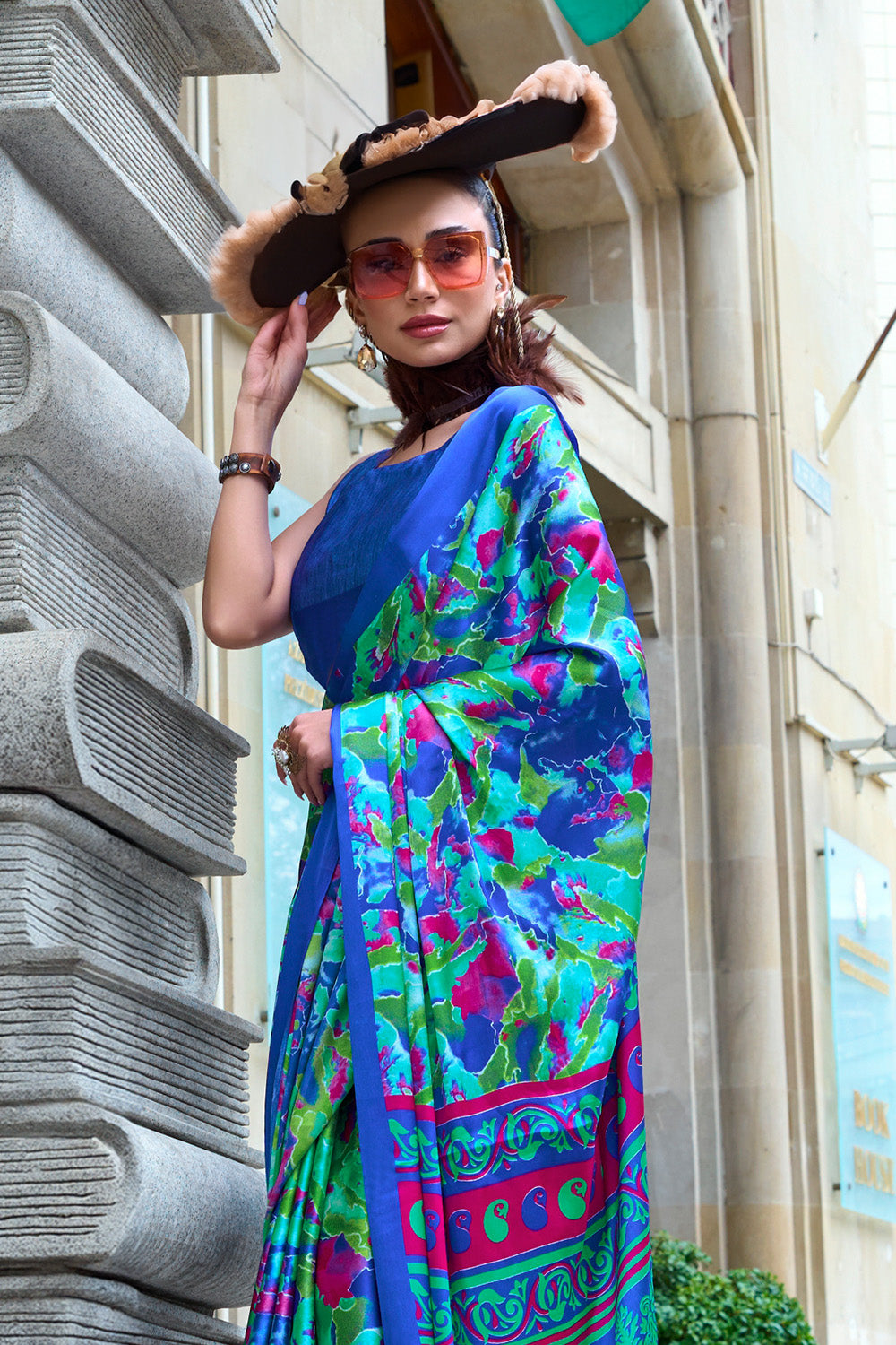 Multicolor Print Satin Crepe Sarees With Blue Blouse