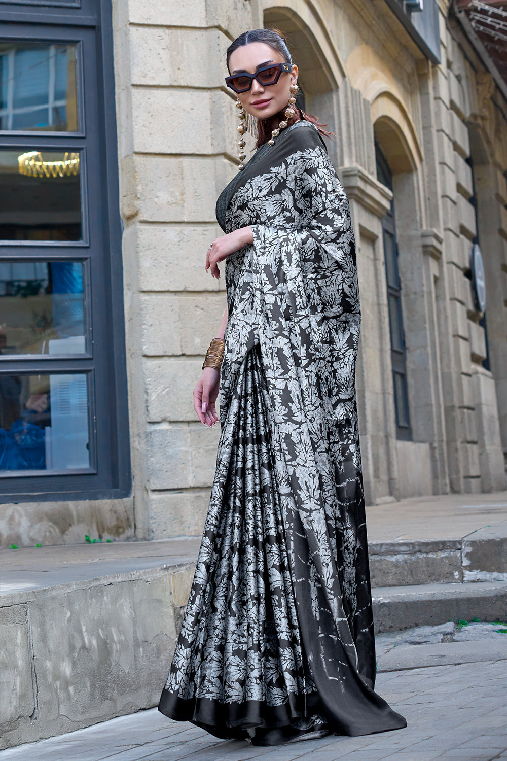 Multicolor Print Satin Crepe Sarees With Grey Blouse
