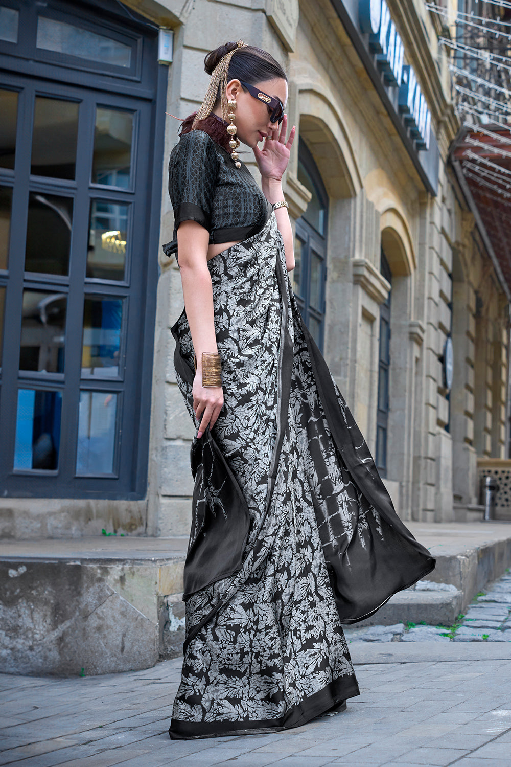 Multicolor Print Satin Crepe Sarees With Grey Blouse