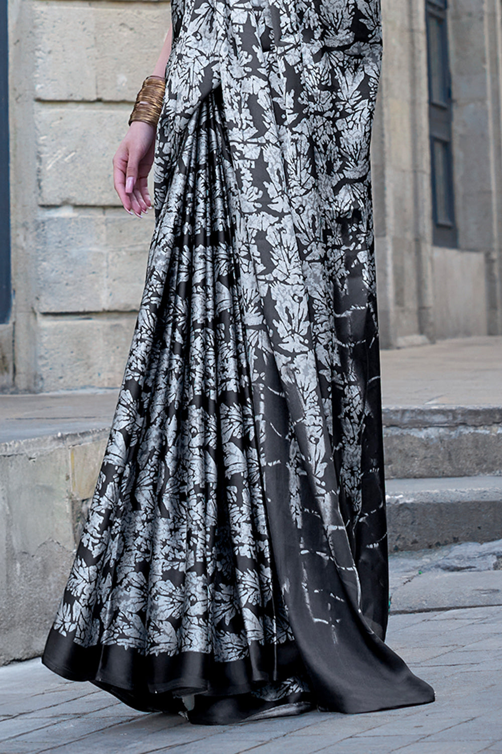 Multicolor Print Satin Crepe Sarees With Grey Blouse