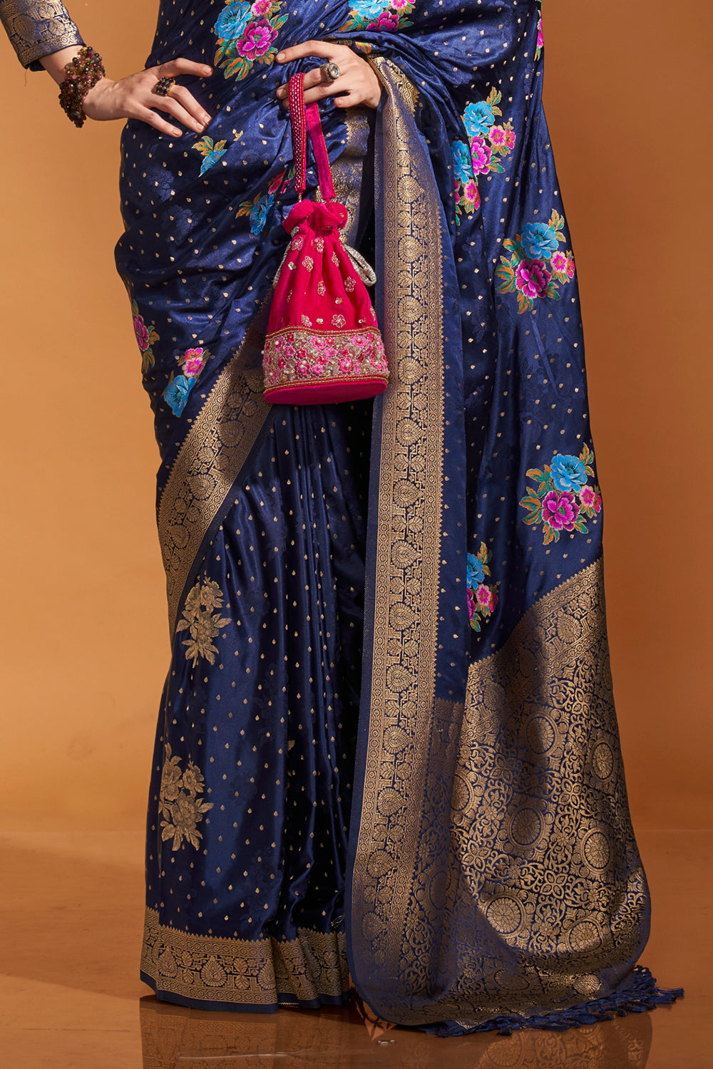 Deep Blue Multicolor Flower Print Saree With Blouse