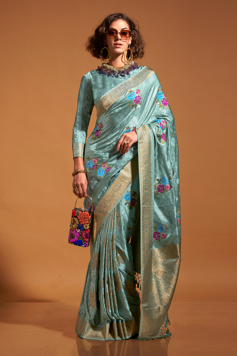 Light Green Multicolor Flower Print Saree With Blouse