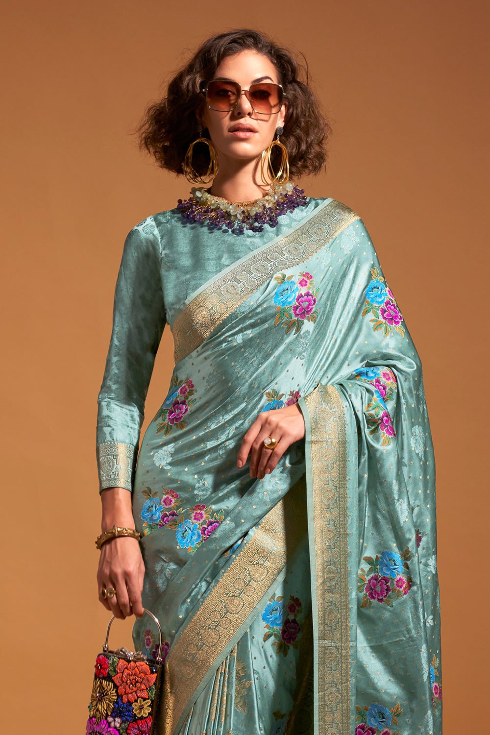 Light Green Multicolor Flower Print Saree With Blouse