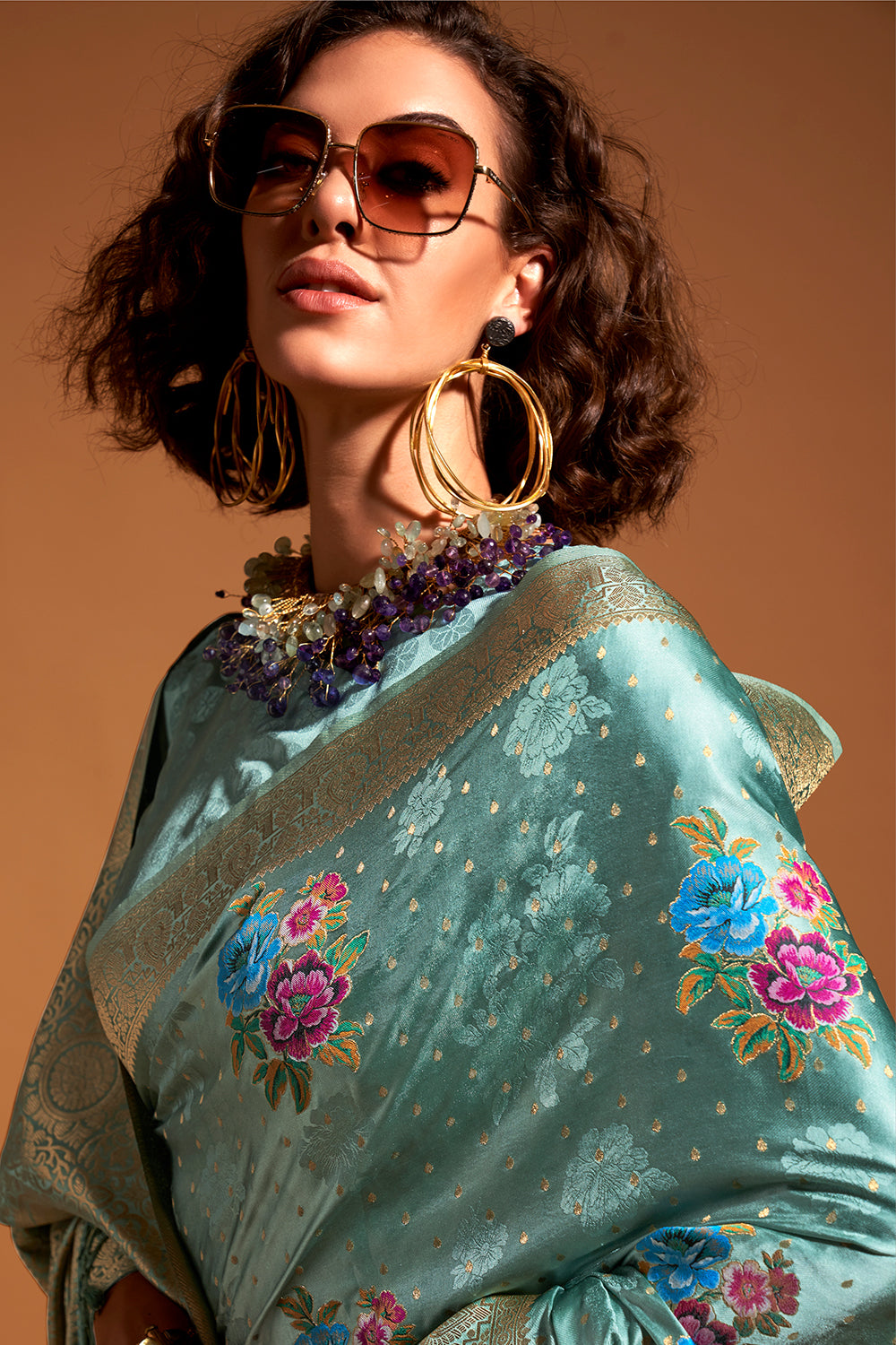 Light Green Multicolor Flower Print Saree With Blouse