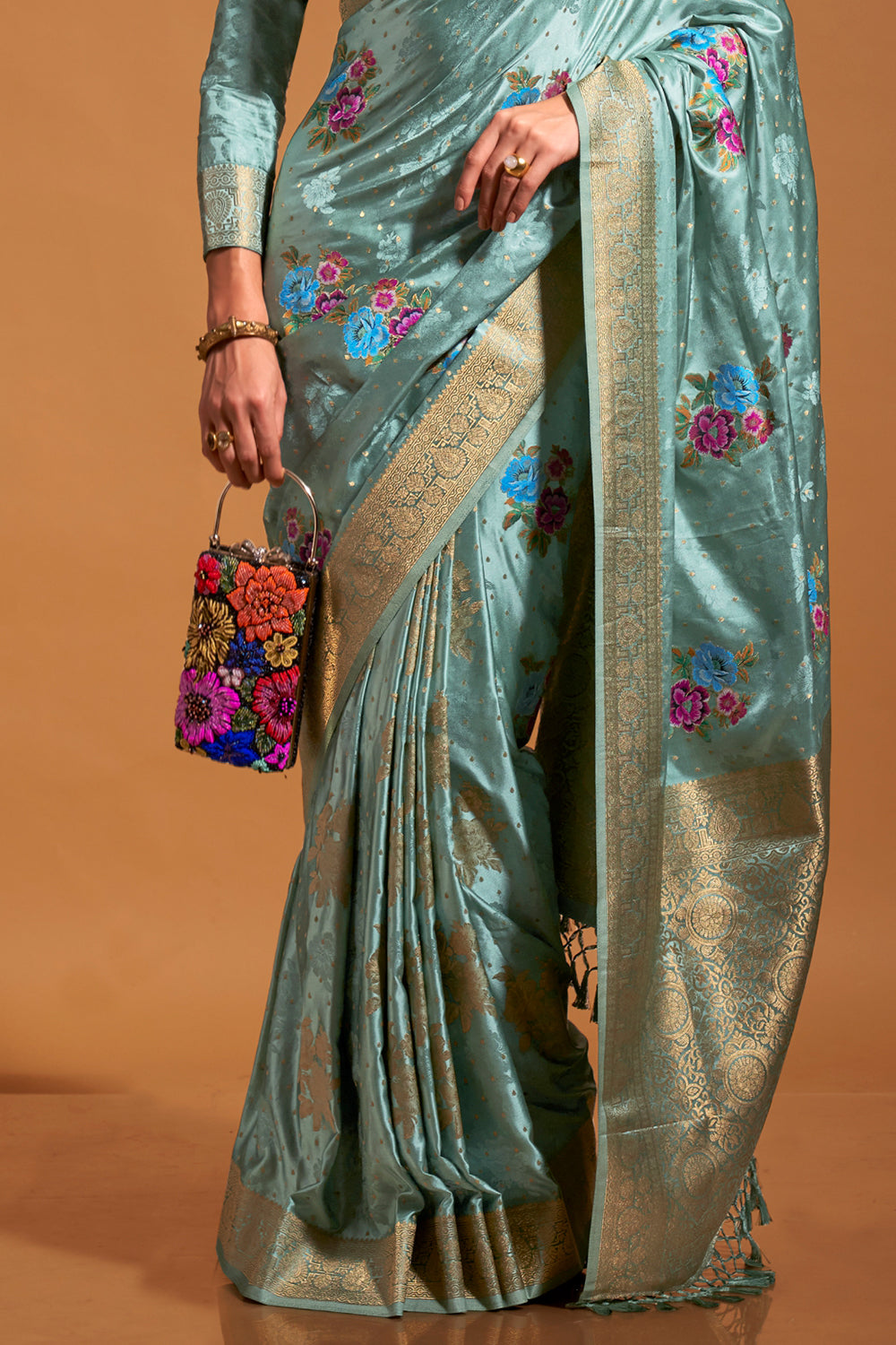 Light Green Multicolor Flower Print Saree With Blouse