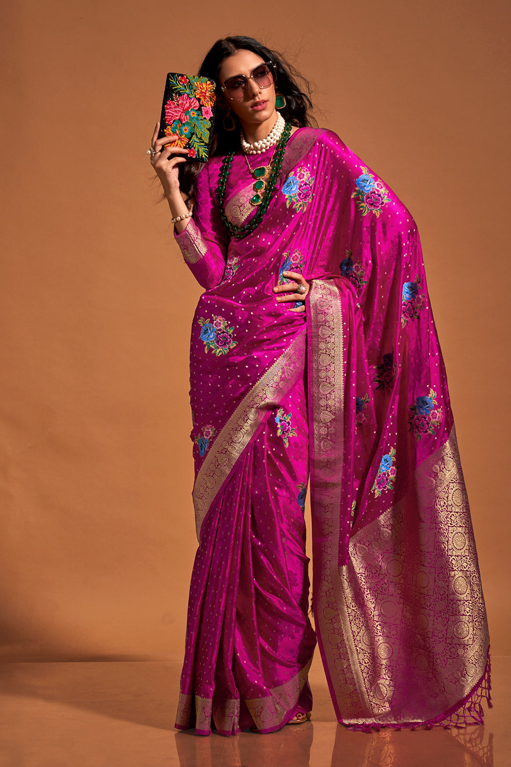 Magenta Multicolor Flower Print Saree With Blouse