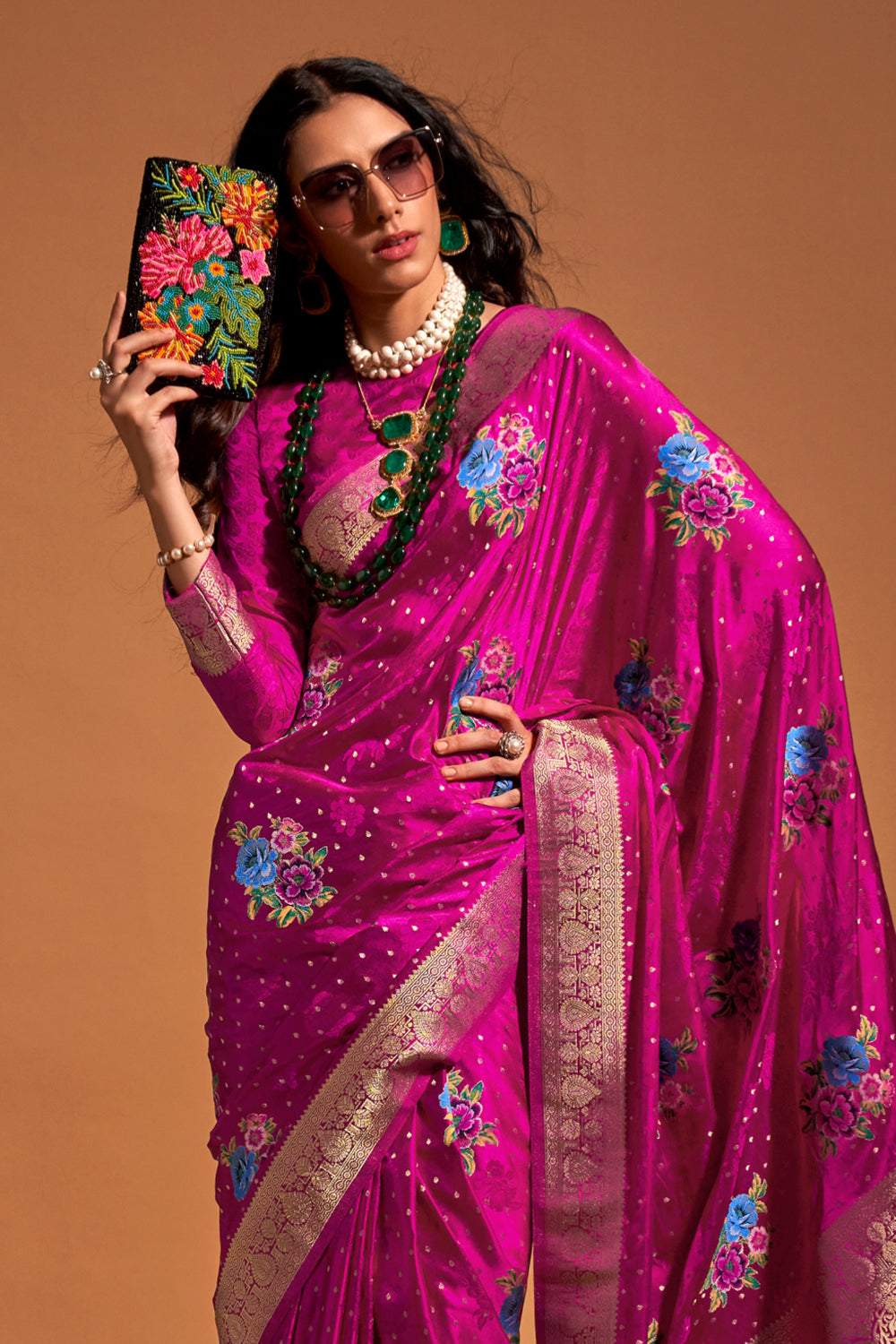 Magenta Multicolor Flower Print Saree With Blouse