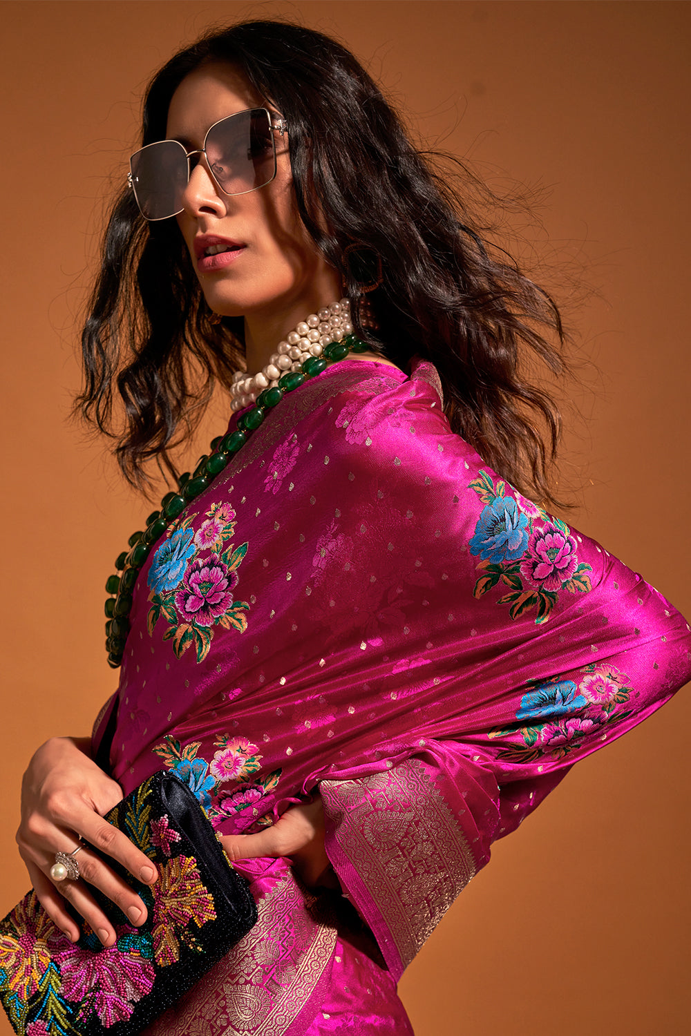 Magenta Multicolor Flower Print Saree With Blouse