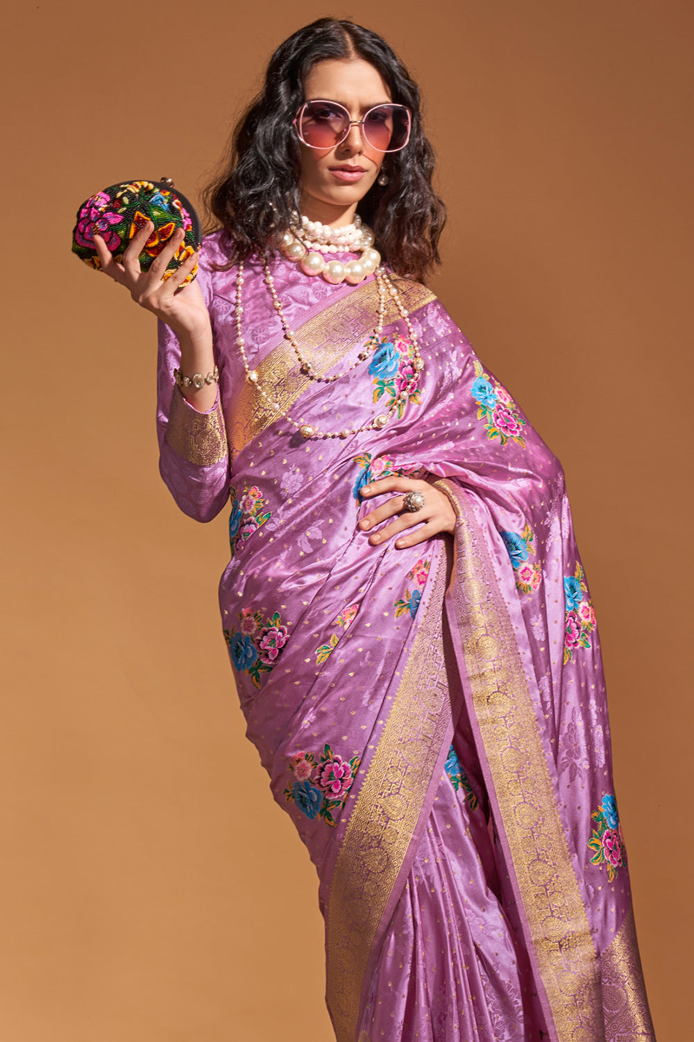 Light Pink Multicolor Flower Print Saree With Blouse