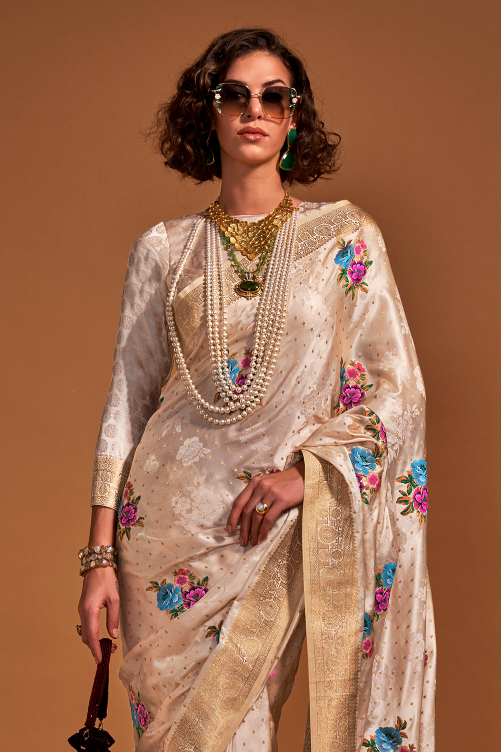 Beige Multicolor Flower Print Saree With Blouse