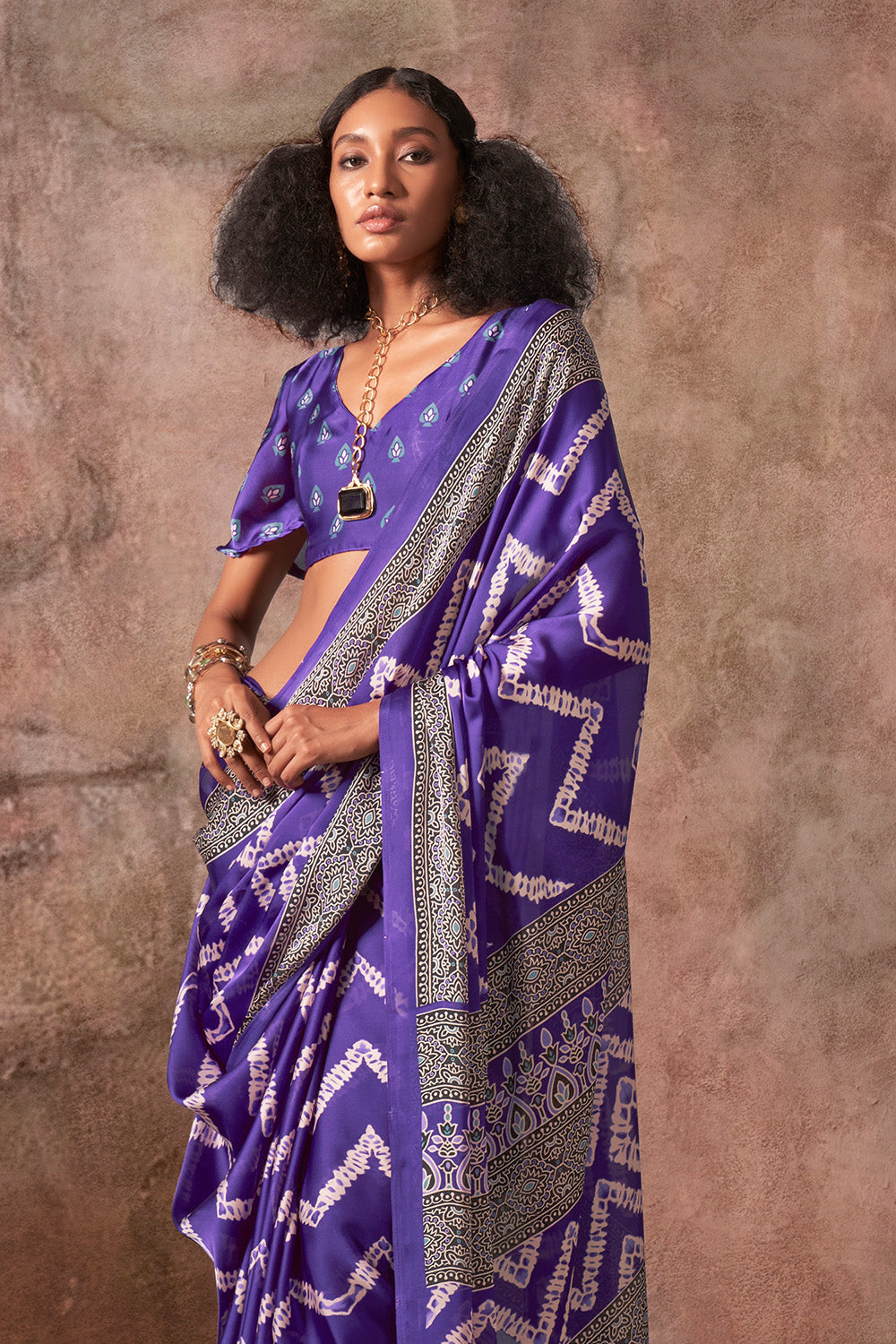 Purple Ajrakh Print Satin Georgette Saree With Blouse