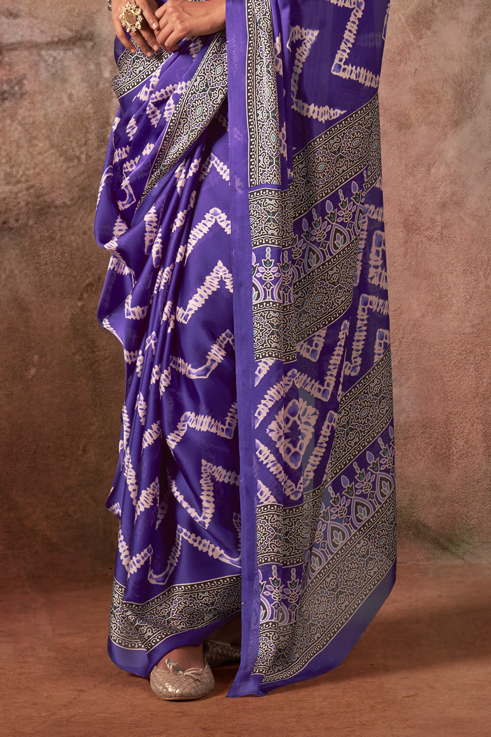 Purple Ajrakh Print Satin Georgette Saree With Blouse