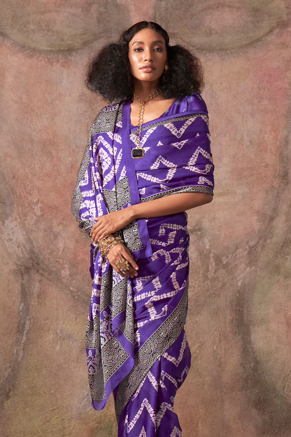 Purple Ajrakh Print Satin Georgette Saree With Blouse