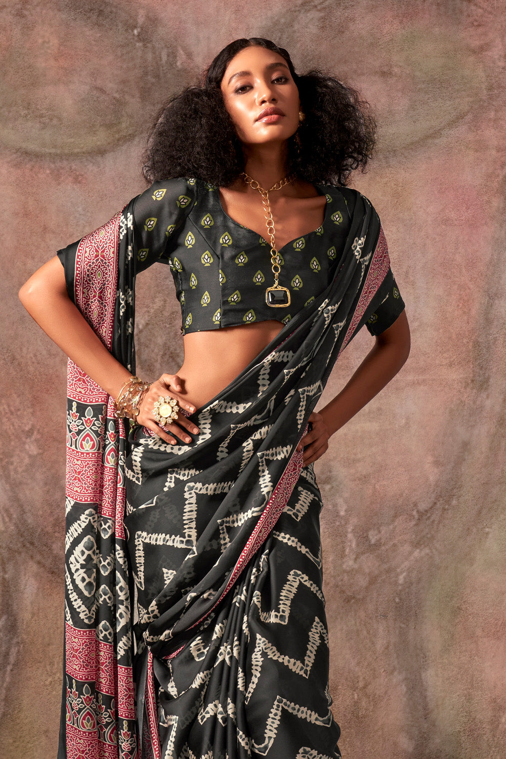 Black Ajrakh Print Satin Georgette Saree With Blouse