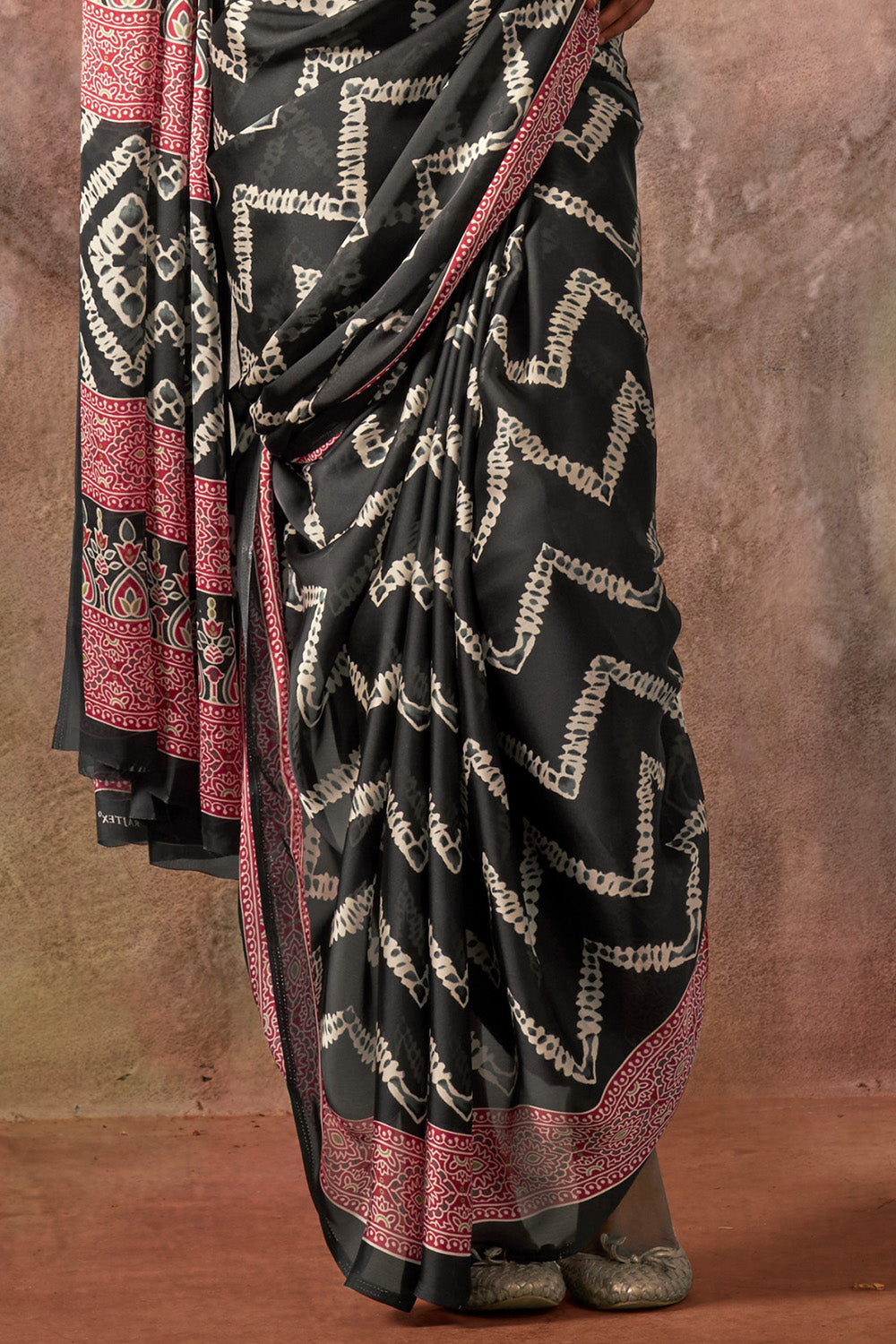 Black Ajrakh Print Satin Georgette Saree With Blouse