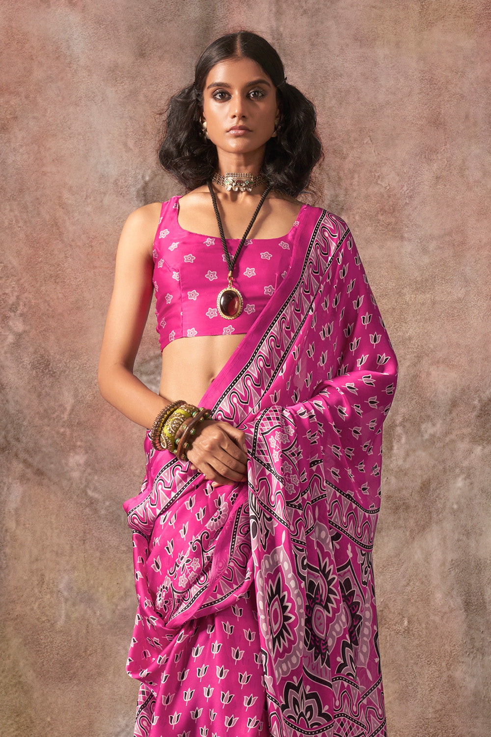 Pink Ajrakh Print Satin Georgette Saree With Blouse