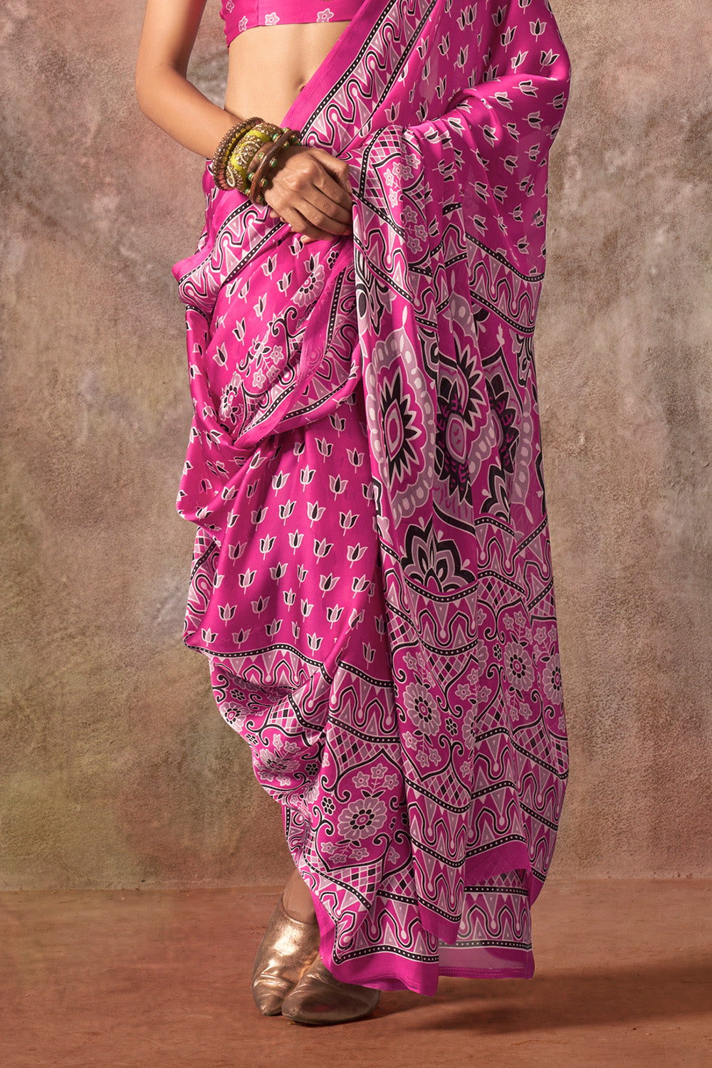 Pink Ajrakh Print Satin Georgette Saree With Blouse
