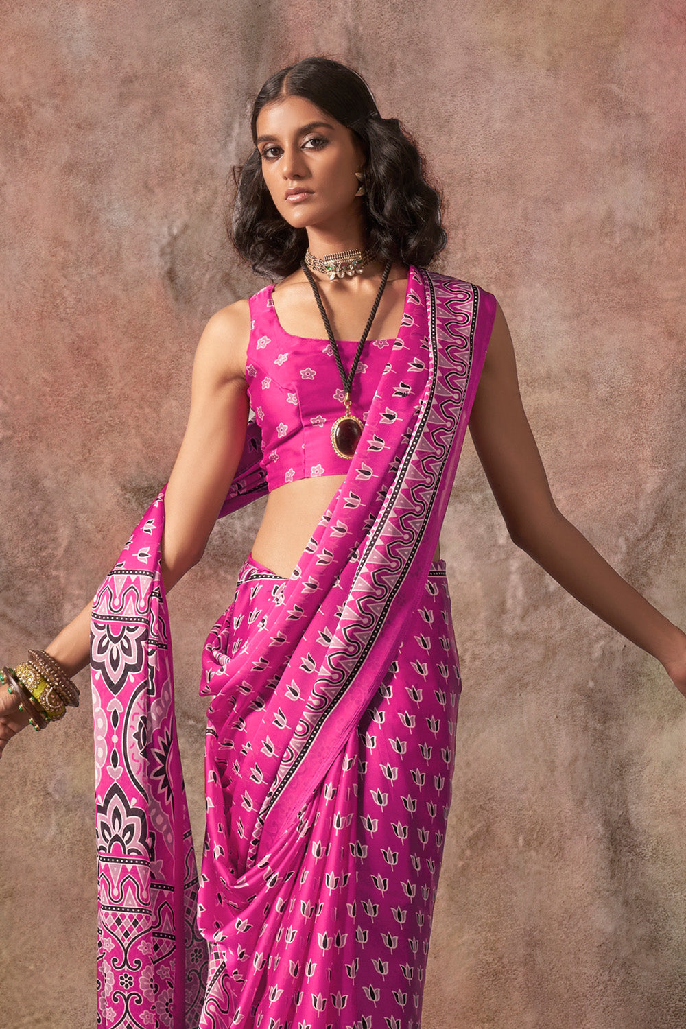 Pink Ajrakh Print Satin Georgette Saree With Blouse