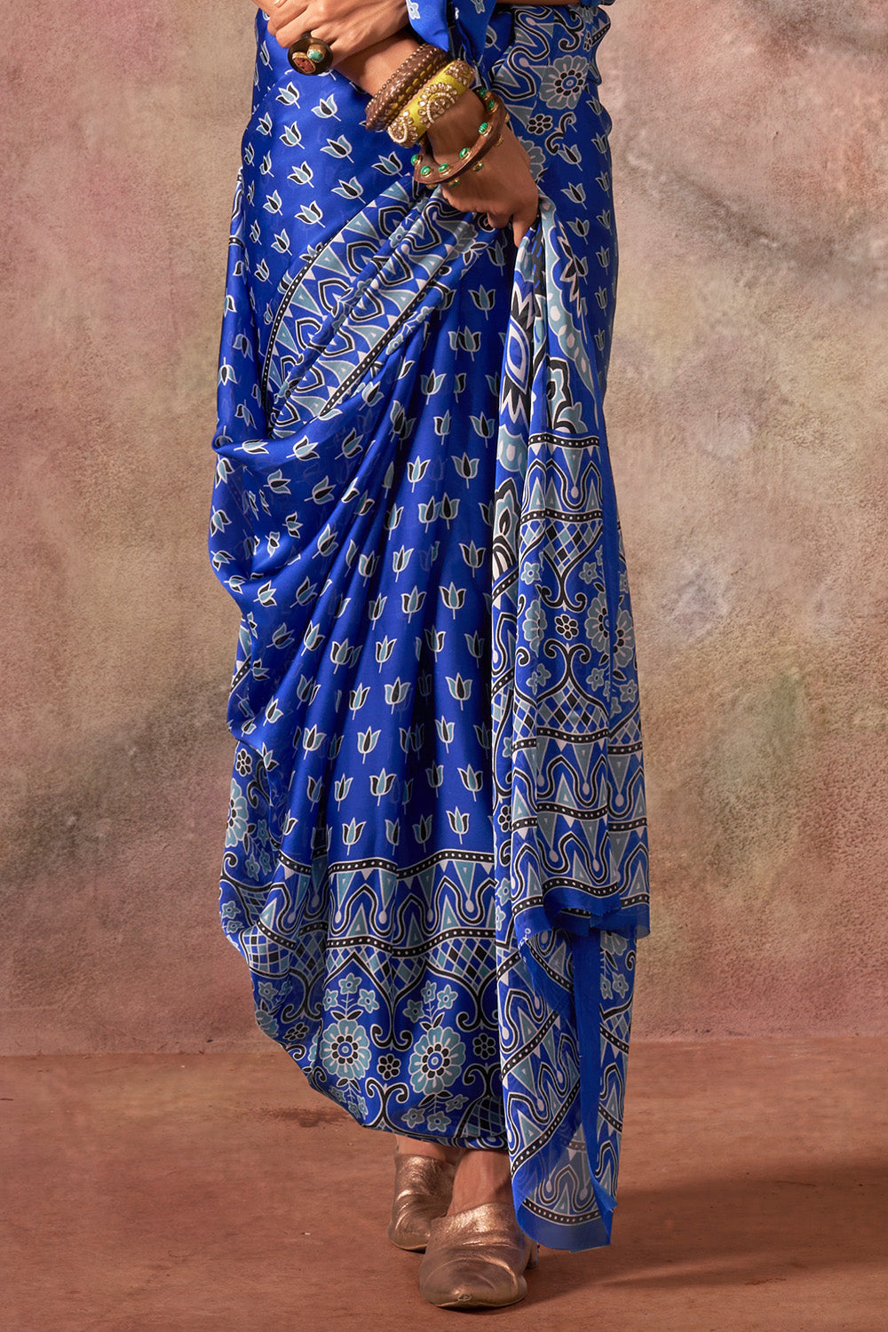 Blue Ajrakh Print Satin Georgette Saree With Blouse