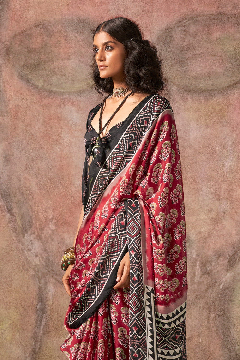 Red Ajrakh Print Satin Georgette Saree With Blouse