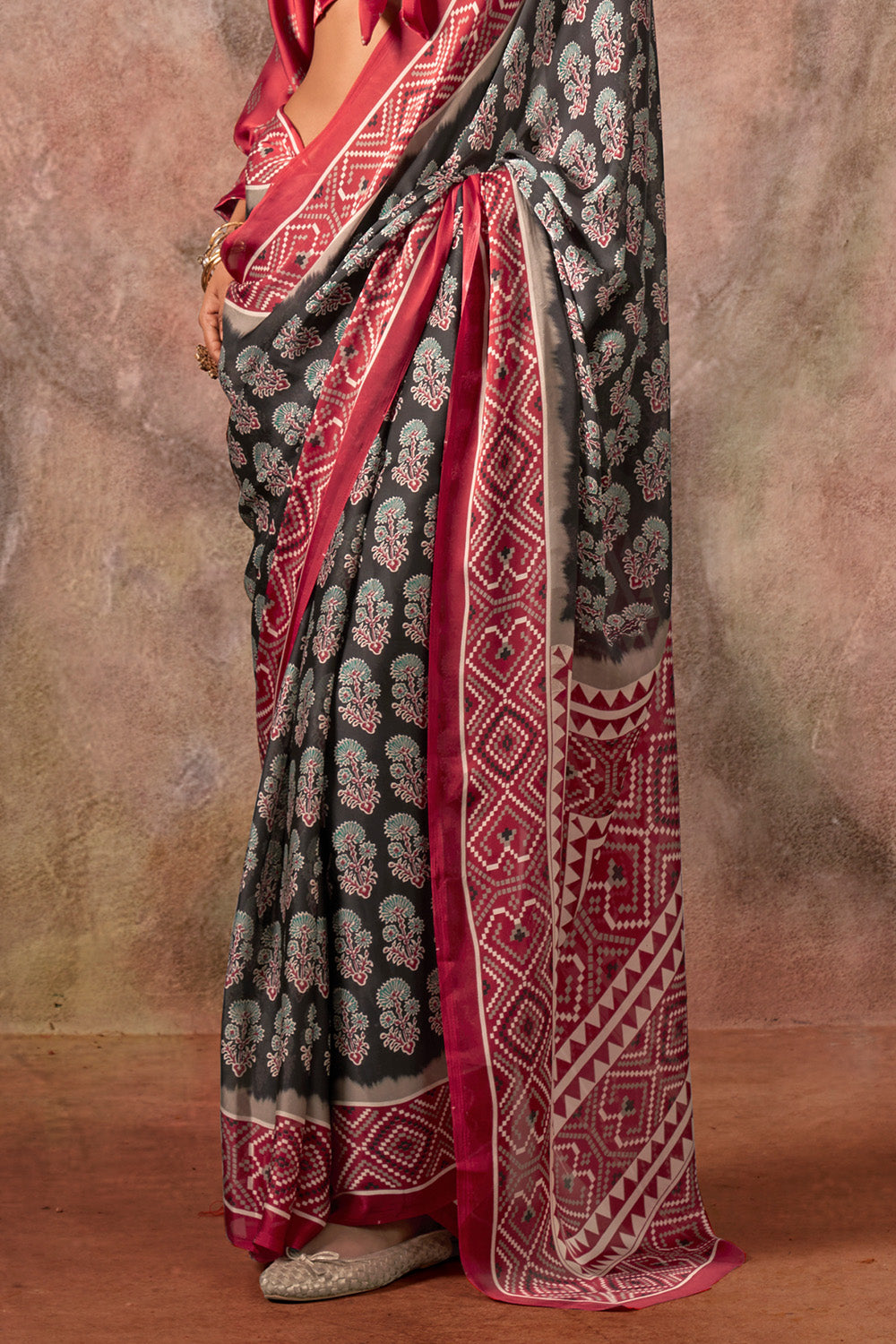 Red Black Ajrakh Print Satin Georgette Saree With Blouse