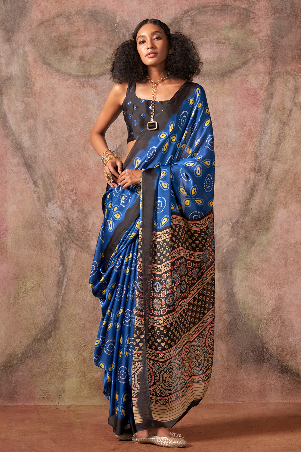 Navy Blue Ajrakh Print Satin Georgette Saree With Blouse