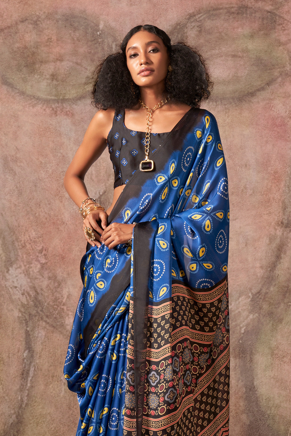Navy Blue Ajrakh Print Satin Georgette Saree With Blouse
